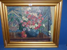 A large gilt framed Oil on canvas depicting a blue bowl of Sweet peas on a table with bright