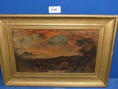 A framed over varnished Print of a country landscape with family celebrating the gathering of the