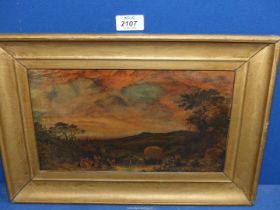 A framed over varnished Print of a country landscape with family celebrating the gathering of the