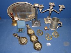 A quantity of mixed metal items including candelabra, horse brasses, tankard, etc.