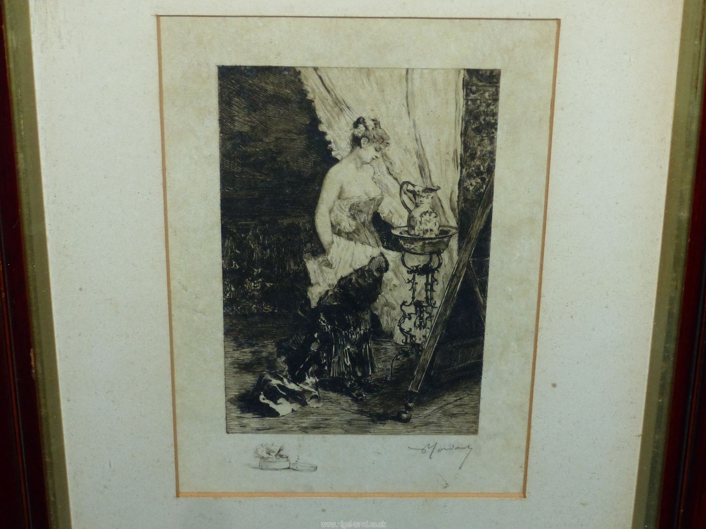 A framed and mounted Engraving 'Woman at the Toilet' signed 'Mordant', 17 1/2" x 13". - Image 2 of 2