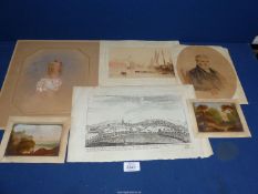 A quanity of unframed pictures including a watercolour portrait of a gentleman,
