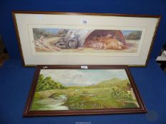 A framed Oil on board of a country landscape with River and stone Bridge initialled A.I.R.