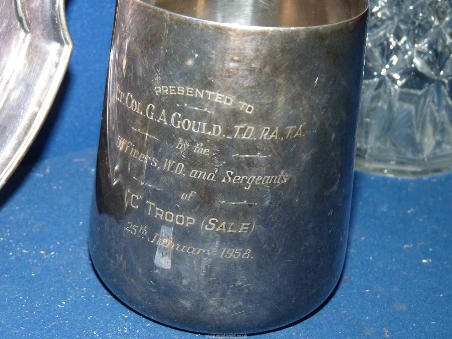 A silver plated tray, tankard, claret jug for G.A. Gould in various ranks including Colonel. - Image 3 of 5