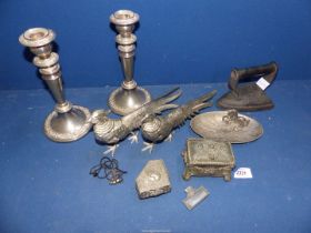 A quantity of plated and other metals including candlesticks, cock pheasants, old iron,