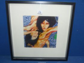 A framed Print on fabric depicting two figures, signed lower right 'Ava Grauls' 20 1/2" x 20 1/2".