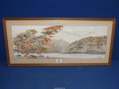 A framed and mounted Watercolour by Nigel Cameron depicting a large lake with boats,