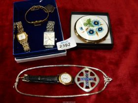 Three watches including; Rotary and Tissot, a Scottish brooch,