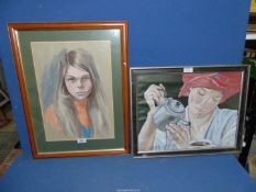 A framed and mounted charcoal drawing Portrait of a young girl along with an Oil on paper of a lady