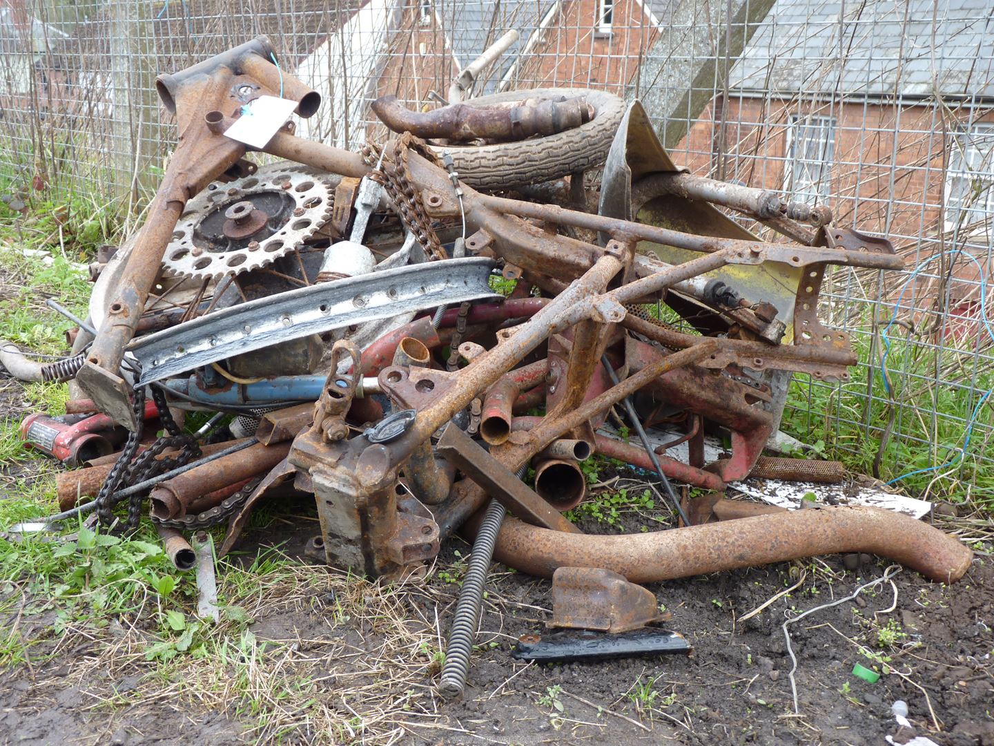 A quantity of scrap motorcycle parts, an Atco two-stroke mower engine (seized), chains, etc. - Image 3 of 3