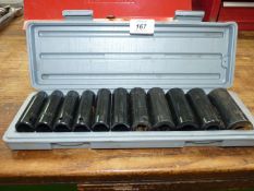 A cased set of eleven 1/2'' drive impact sockets, 3/8'', 7/16'', 1/2'', 9/16'', 5/8'', 11/16'',