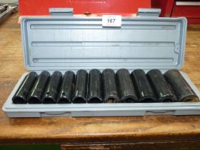 A cased set of eleven 1/2'' drive impact sockets, 3/8'', 7/16'', 1/2'', 9/16'', 5/8'', 11/16'',