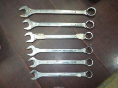 Six large combination spanners including 33 mm, 36 mm, 38 mm, 41 mm, 46 mm and 50 mm.