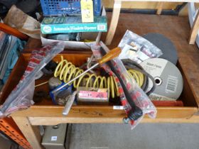 A drawer containing a pair of Case tractor track-rod ends (new), a brass ball valve,