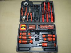 A comprehensive cased screwdriver, pliers, sockets, tape-measure and flexible-drive set.