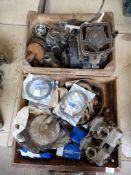 Miscellaneous motorcycle parts including engine components, carburettors,