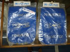 Two blue Suzuki seat covers.