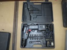 A cased 12 volt cordless Drill with a charger, screwdriver bits and sockets, drill-bits, etc.