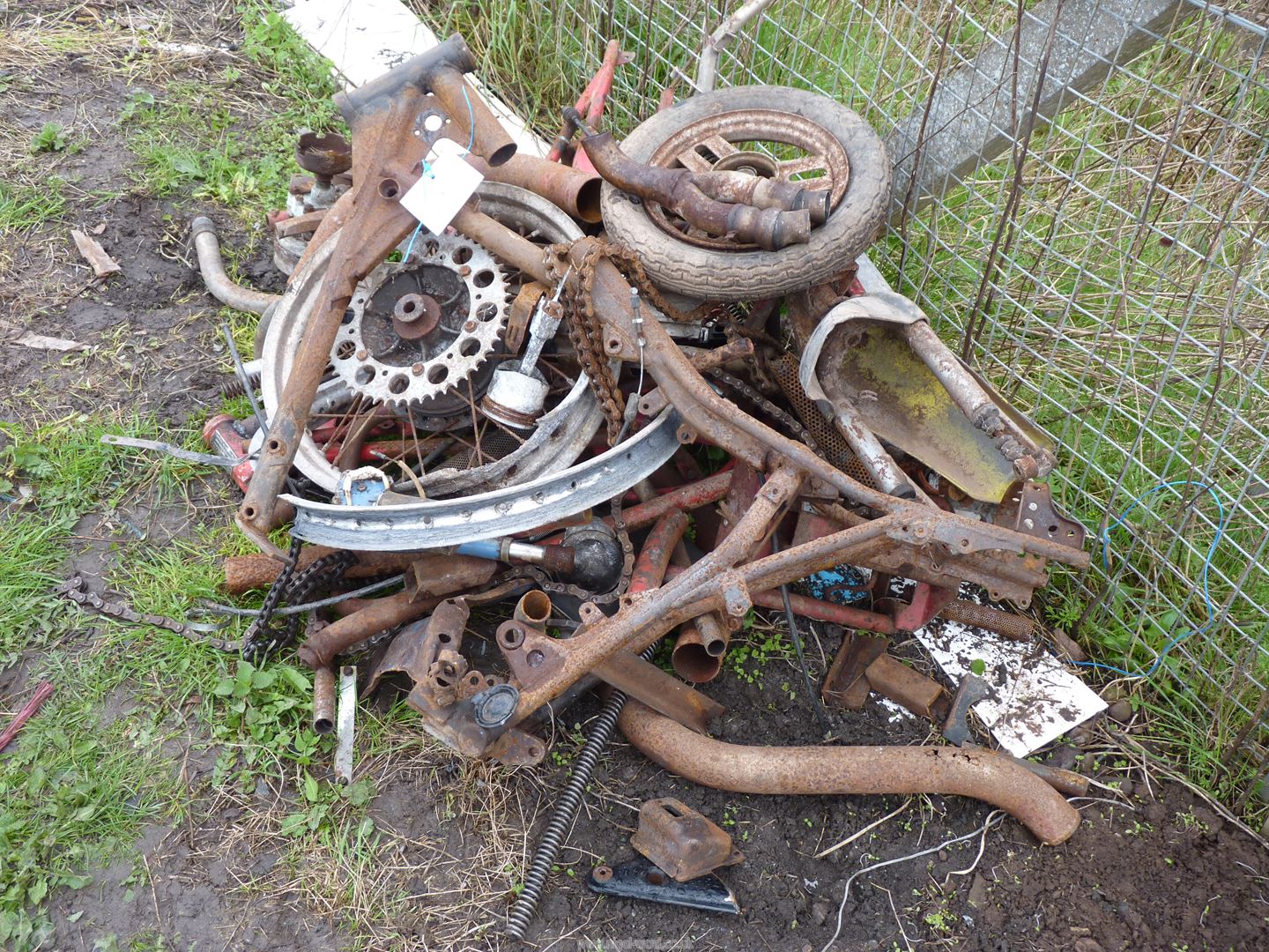 A quantity of scrap motorcycle parts, an Atco two-stroke mower engine (seized), chains, etc. - Image 2 of 3