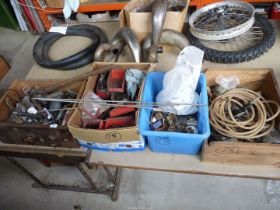 Four boxes of components, Lin-bins of exhaust straps, a quantity of capacitors, bolts, tubing,