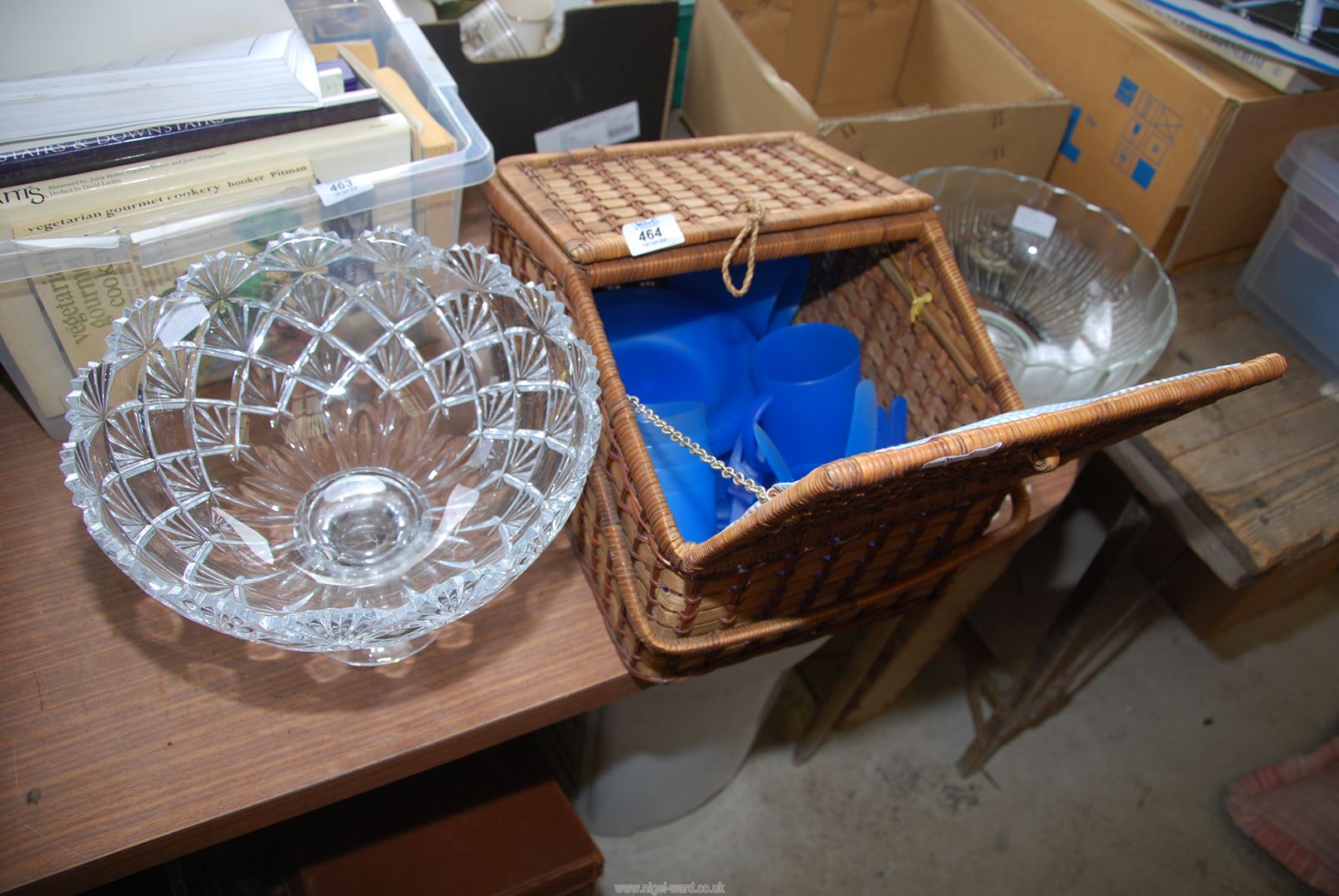 A picnic hamper and contents, stemmed glass fruit bowls etc.