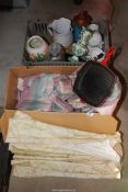 A quantity of blinds and curtains, Le Creuset skillet pan, sweet jar, vases etc.
