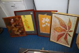 Two framed prints, a leaf collage, etc.