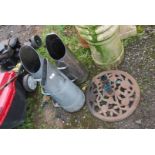 Three coal scuttles (galvanised & stainless steel) and a garden umbrella stand/base.