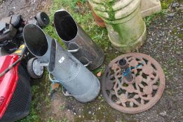 Three coal scuttles (galvanised & stainless steel) and a garden umbrella stand/base.