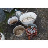 Aluminium jam pan, enamel bath (a/f), galvanised watering can plus poultry drinker.