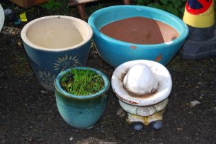 Three glazed Planters and a figure of a Mexican having a siesta.