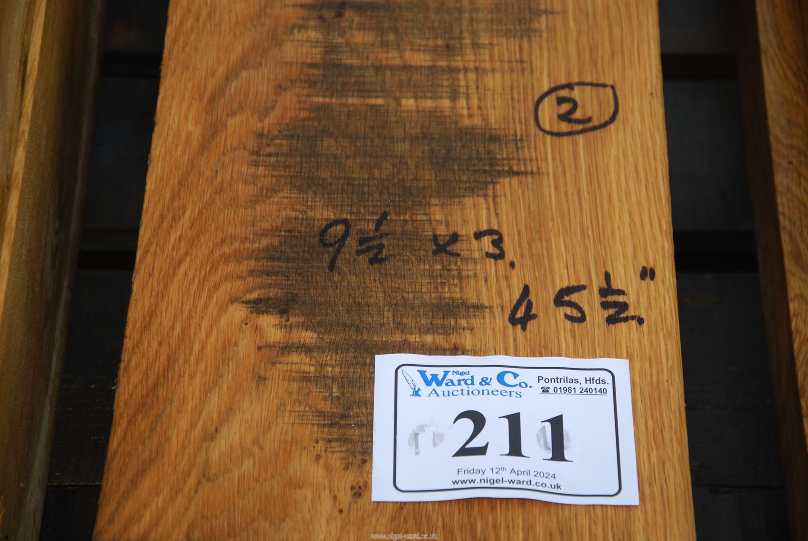 Two lengths of Oak 9 1/2" x 3 " x 45 1/2" long. - Image 2 of 2