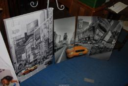 Pictures on canvas including 'New York', etc.