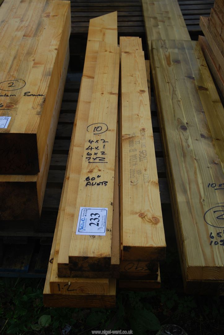 Ten lengths of softwood timber 4" x 2" , 4" x 1" , 6" x 2" , 7" x 2" x 60" long.