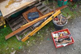 A spirit level, large and small Allen keys, measuring tools, a bucket of trowels, etc.