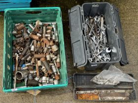 A quantity of long reach impact and other sockets, plastic toolbox and contents including spanners,