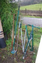 A quantity of garden tools including long arm edging shears, a garden claw,