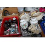 Four boxes of miscellaneous china, a kettle, ginger jars, chamber pots, etc.