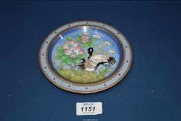 A small cloisonné plate with two cranes and flowers 6" diameter.
