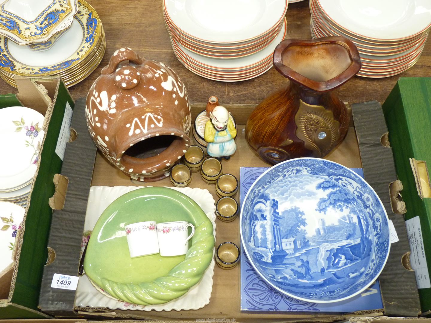 A quantity of miscellaneous china including a Studio Pottery slip ware salt pig,