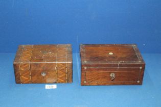 A small trinket Box with parquetry detail and circular plaque to lid inscribed 'M.