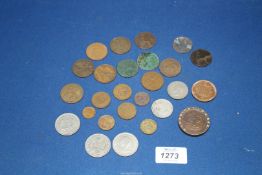 An old George III 'Cartwheel' penny coin 1797, three half crowns 1950,
