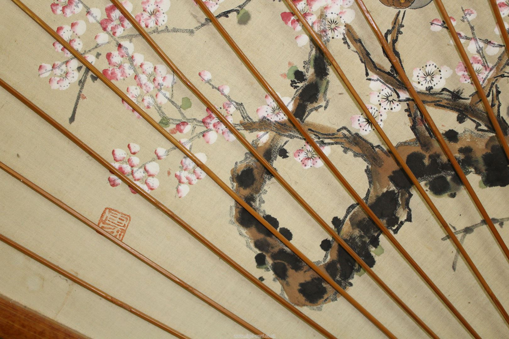 A very large hand painted Oriental Fan depicting sparrows and blossoms in a cane surround, - Image 2 of 2