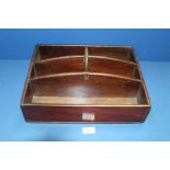 A 19th century three section cutlery box with brass handle, 12" x 15".