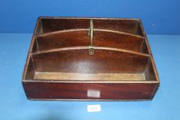 A 19th century three section cutlery box with brass handle, 12" x 15".