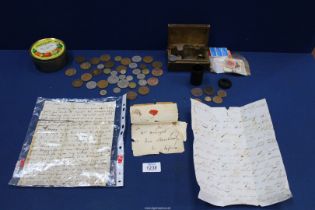 A small quantity of coins, stamps, etc to include; three First Day Covers,