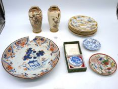 A small quantity of Oriental china including a pair of vases, tea plates, boxed trinket pot, etc.