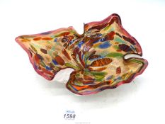 A heavy Murano colourful leaf shaped "tutti frutti" glass bowl having Silver inclusions among multi