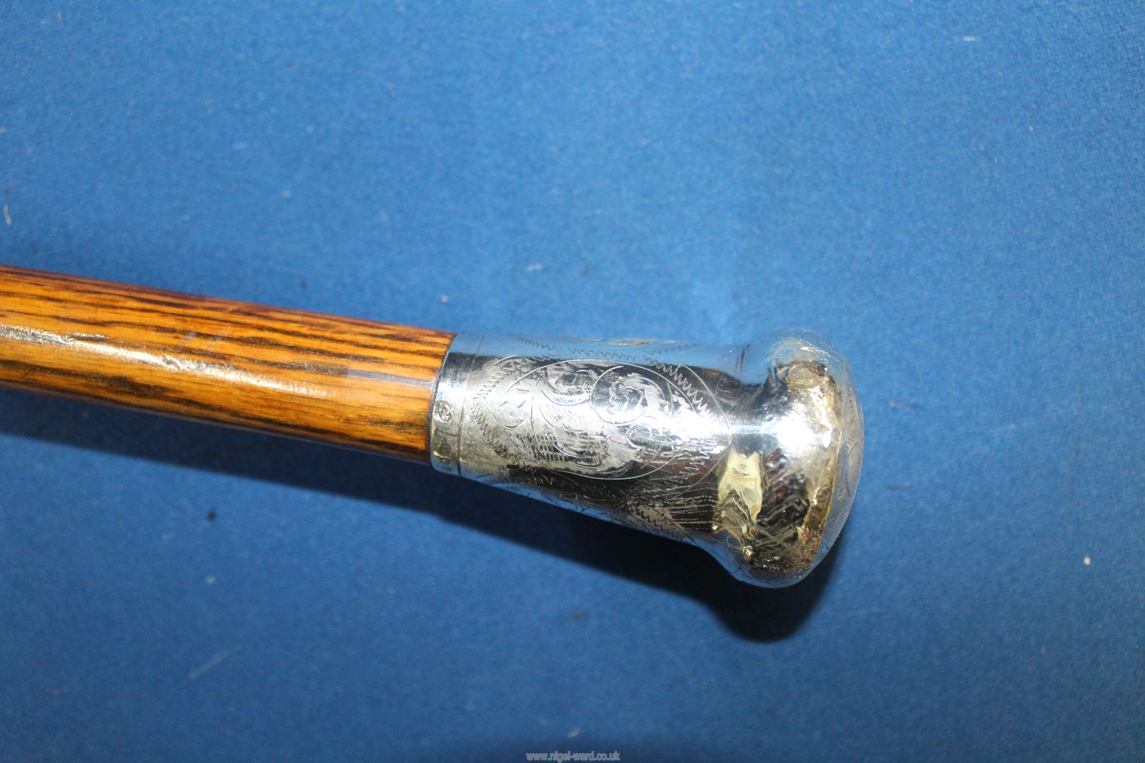 An exotic 20th century walking Cane with deep engraved silver top and original ferrule, - Image 2 of 3