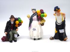 Three Royal Doulton figures 'Tip-Toe', 'The Balloon Man' and 'Biddy Penny Farthing'.